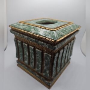 Vintage 90s Tissue Box Ornate Green & Gold Aventurine Agate Stone Over Resin